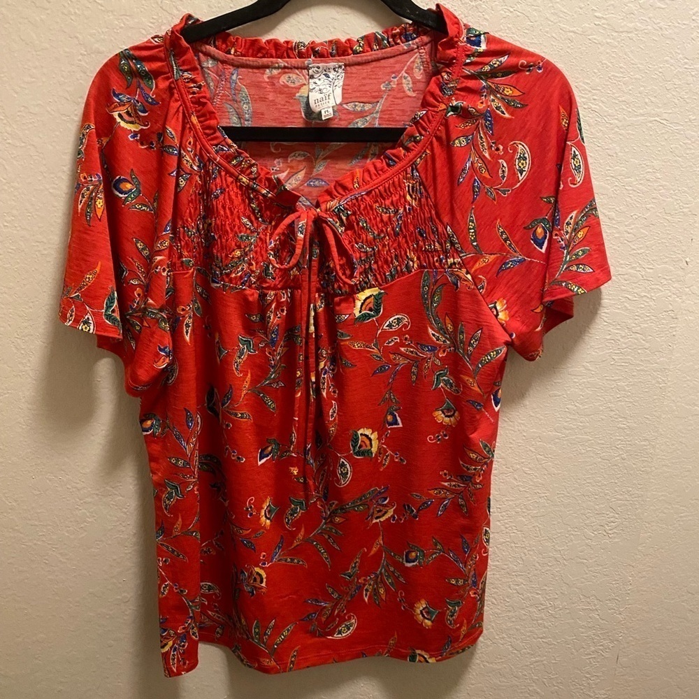 Naif for Anthropology Red Floral Front-Tie Blouse